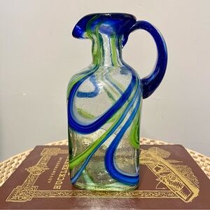 Hand Blown Mexican Blue and Green Swirl Small Pitcher